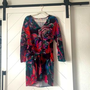 Floral Long Sleeve V Neck Tie Front Dress